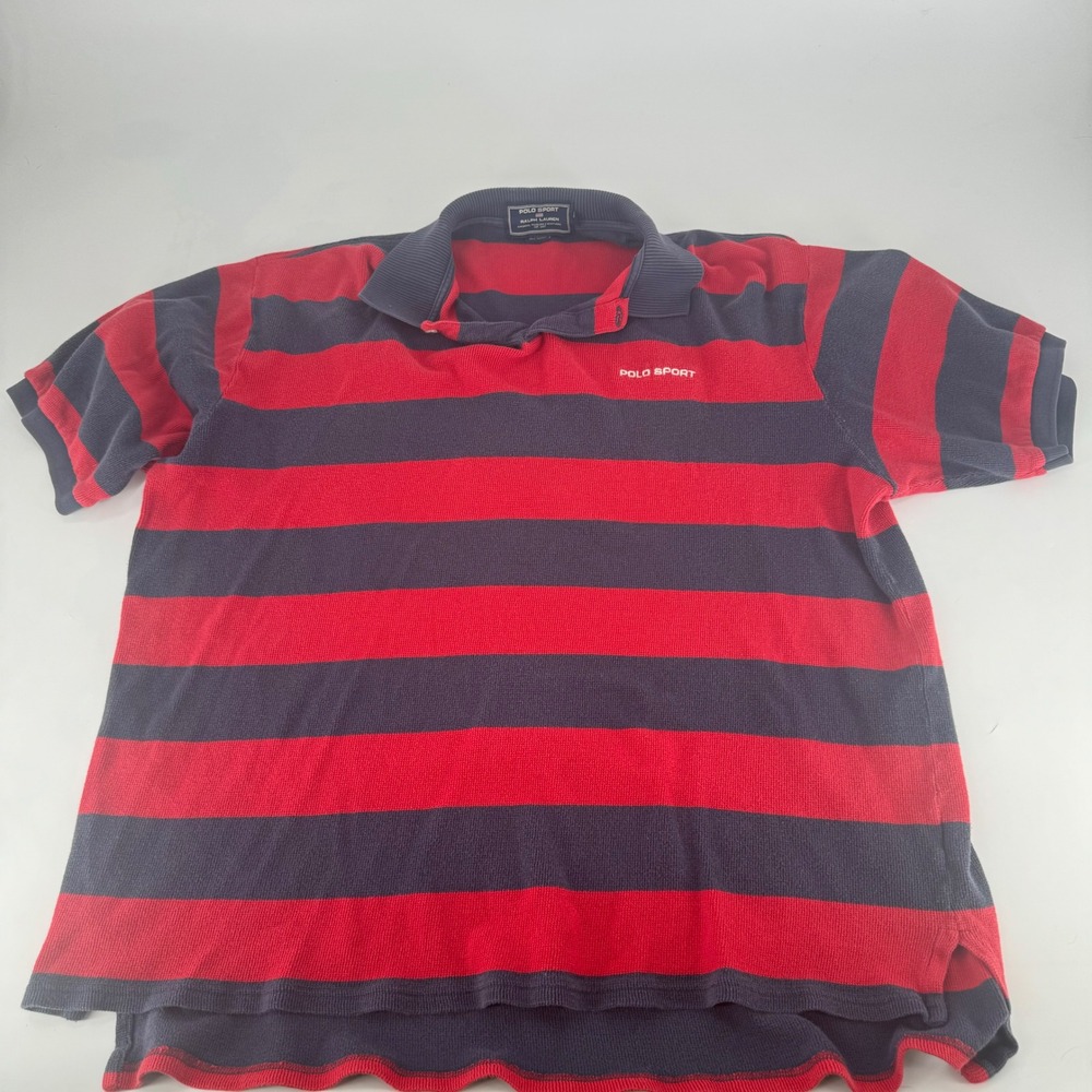 Polo Sport Ralph Lauren Mens XL Red Navy Blue Striped Waffle Knit Polo Shirt